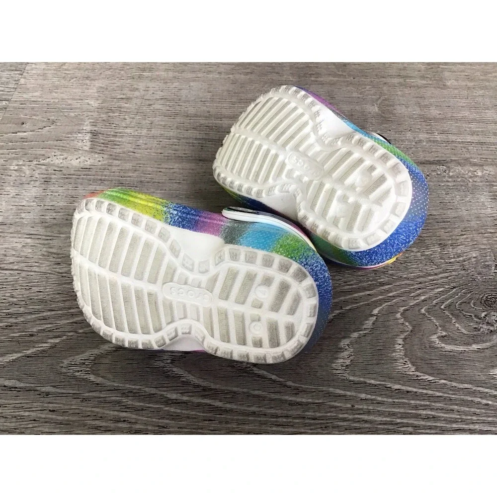 Crocs Baby Girls Size 4 C4 Rainbow Clogs Black Lined Shoes Slip On 208095
